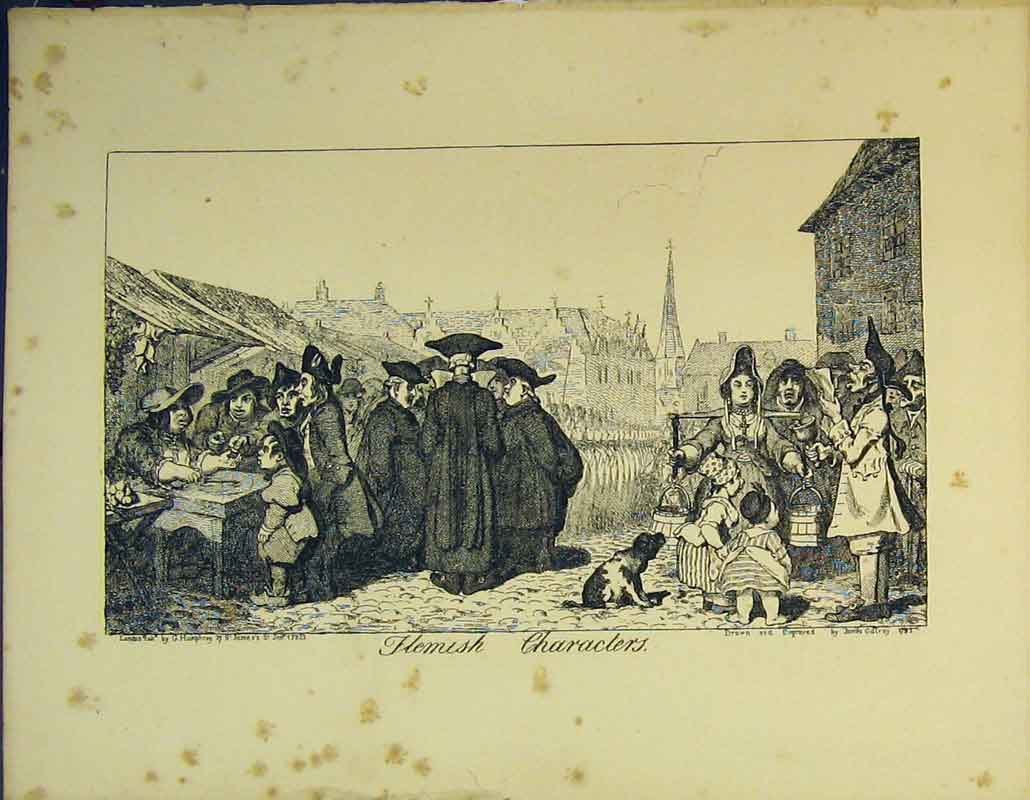 Original Old Antique Print 1822 Flemish People Market Army Humphrey 19th