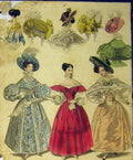 Old Antique Print Womens Fashion Dresses Evening Hats Head-Dresses Colour