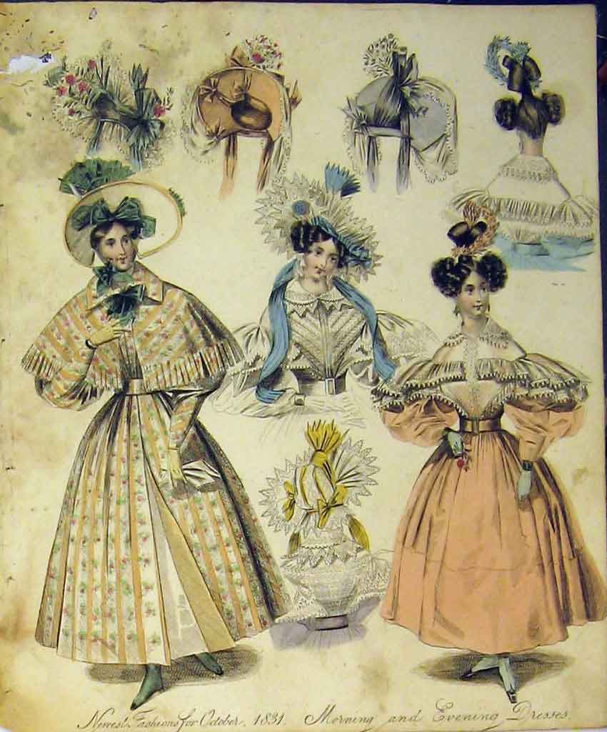Old Antique Print 1831 Womens Fshion Morning Evening Dresses Hats Colour 19th