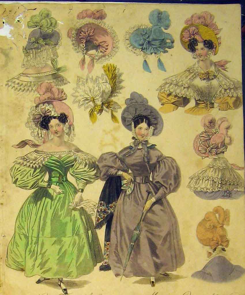 Old Antique Print 1831 Womens Fashion Morning Dresses Hats Head-Dresses 19th