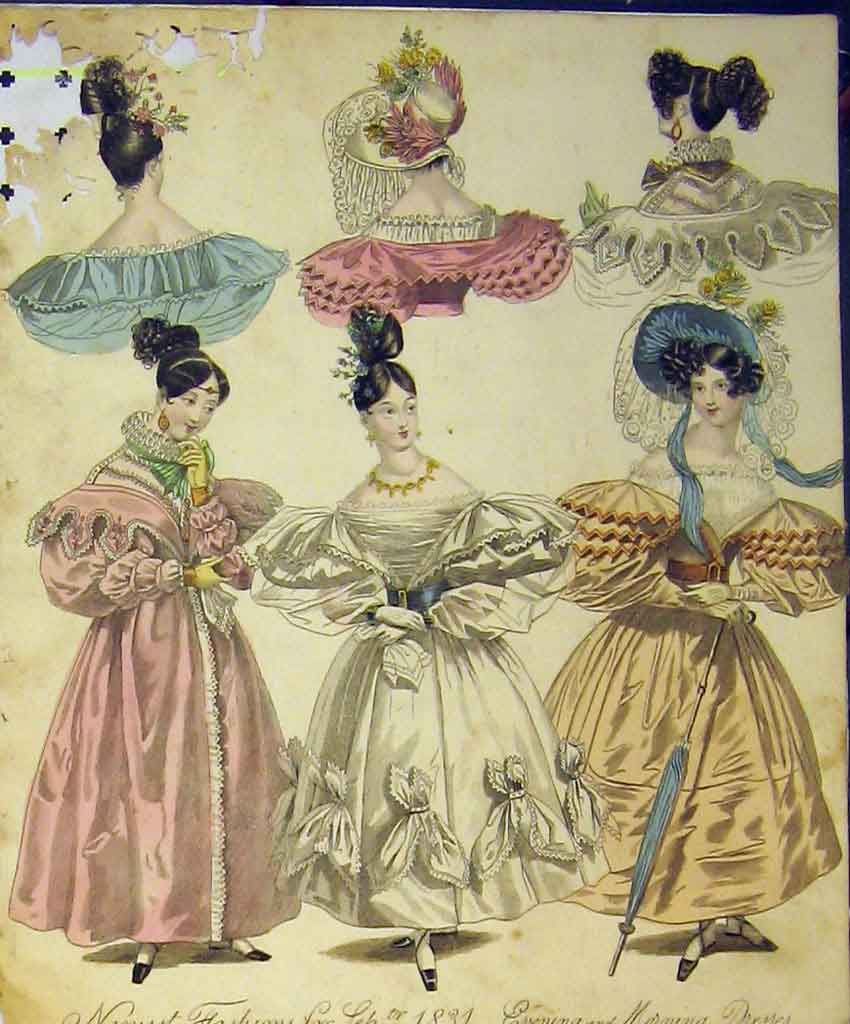 Old Antique Print 1831 Womens Fashion Evening Morning Dresses Hats Colour 19th