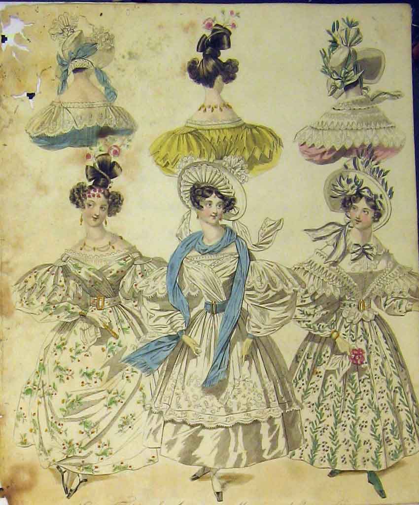 Old Antique Print Womens Fashion Evening Dresses Head-Dresses Hats Colour