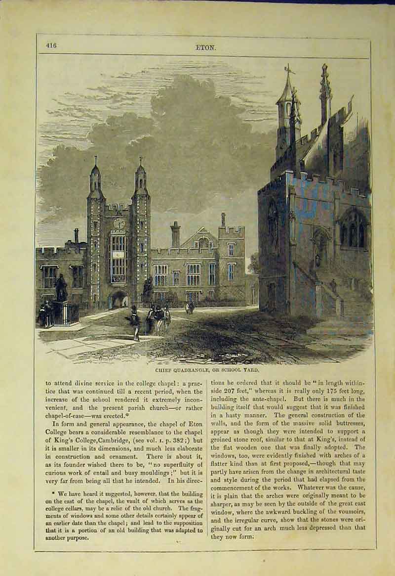 Original Old Antique Print Eton College Chief Quadrangle School Yard Statue