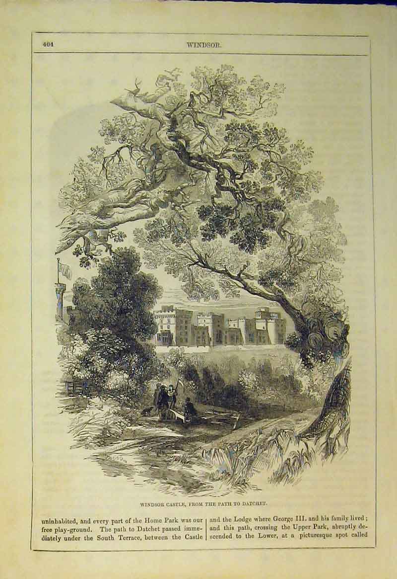 Original Old Antique Print View Windsor Castle Path Datchet Queen England