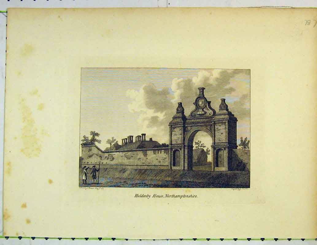 Original Old Antique Print View Henby House Northamtonshire Archway People