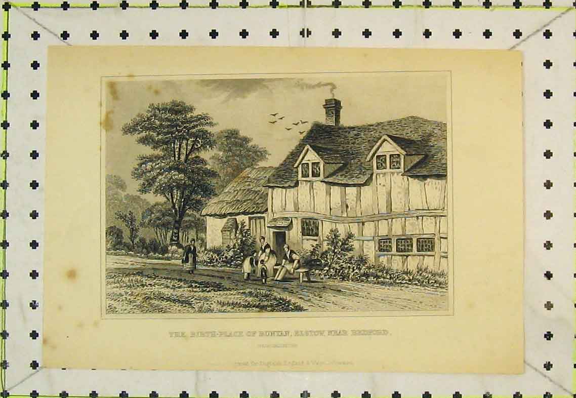 Original Old Antique Print Birth-Place Bunyan Elstow Bedfordshire Exterior View