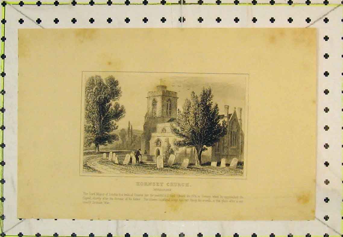 Original Old Antique Print Exterior View Hornsey Church Middlesex England Grave