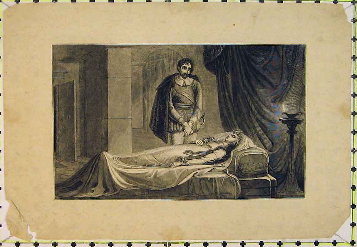 Original Old Antique Print Death Scene Man Woman Dead Flowers