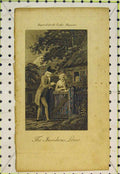 Original Old Antique Print Insidious Lover Man Woman Romance Gate House Garden
