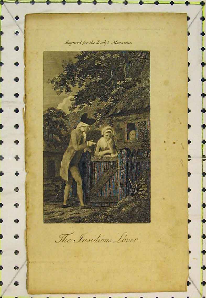 Original Old Antique Print Insidious Lover Man Woman Romance Gate House Garden