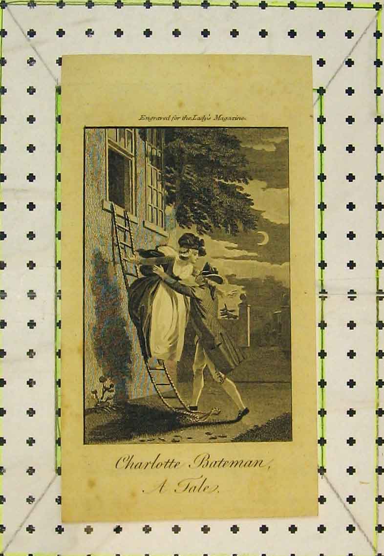 Original Old Antique Print Charlotte Bateman Man Woman Romance Window Ladder