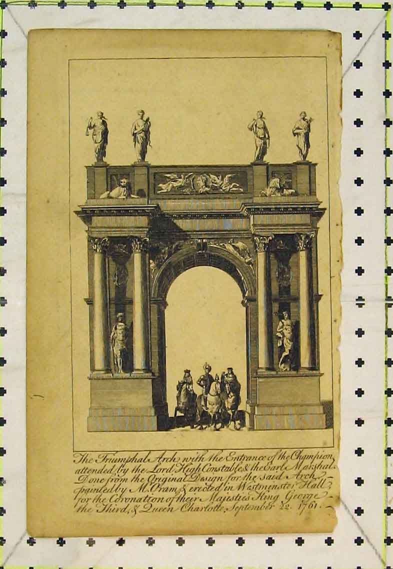 Old Antique Print Triumphal Arch Champion Statue Horse Westminster Hall