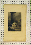 Original Old Antique Print Women Crying Castle Dead Siers War Battle Spear