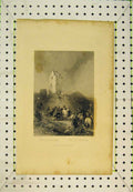 Old Antique Print 1844 View Tower Glendearg Ruins Men Horses Dog Country 19th