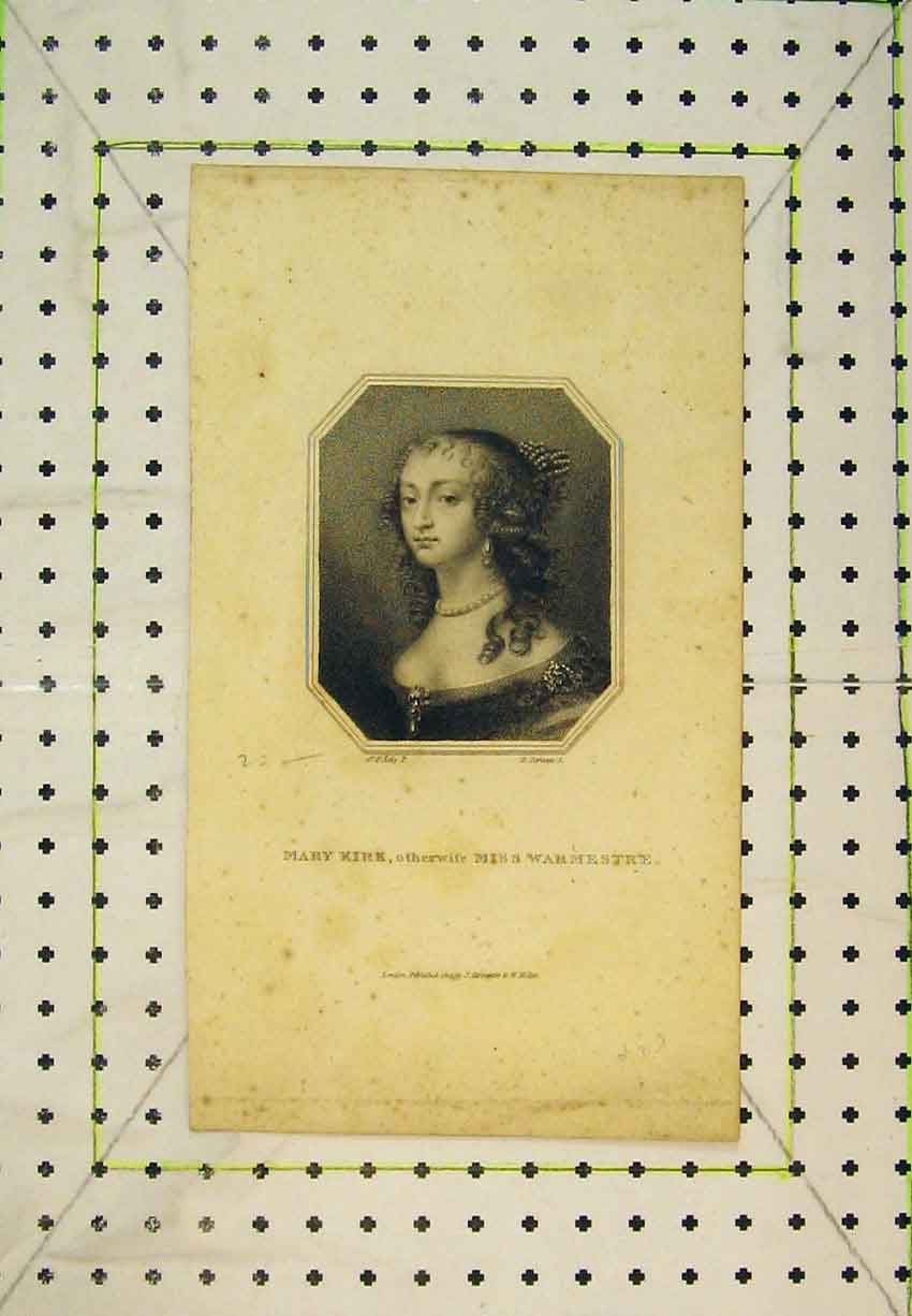 Original Old Antique Print 1810 Portrait Mary Kirk Miss Warmestre Lady 19th