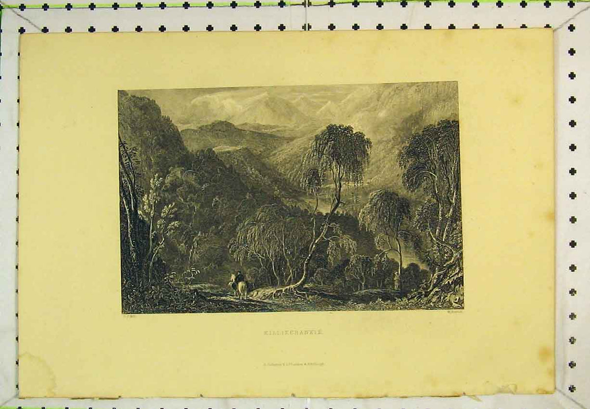 Original Old Antique Print View Killiecrankie Man Horse Mountains Trees Country