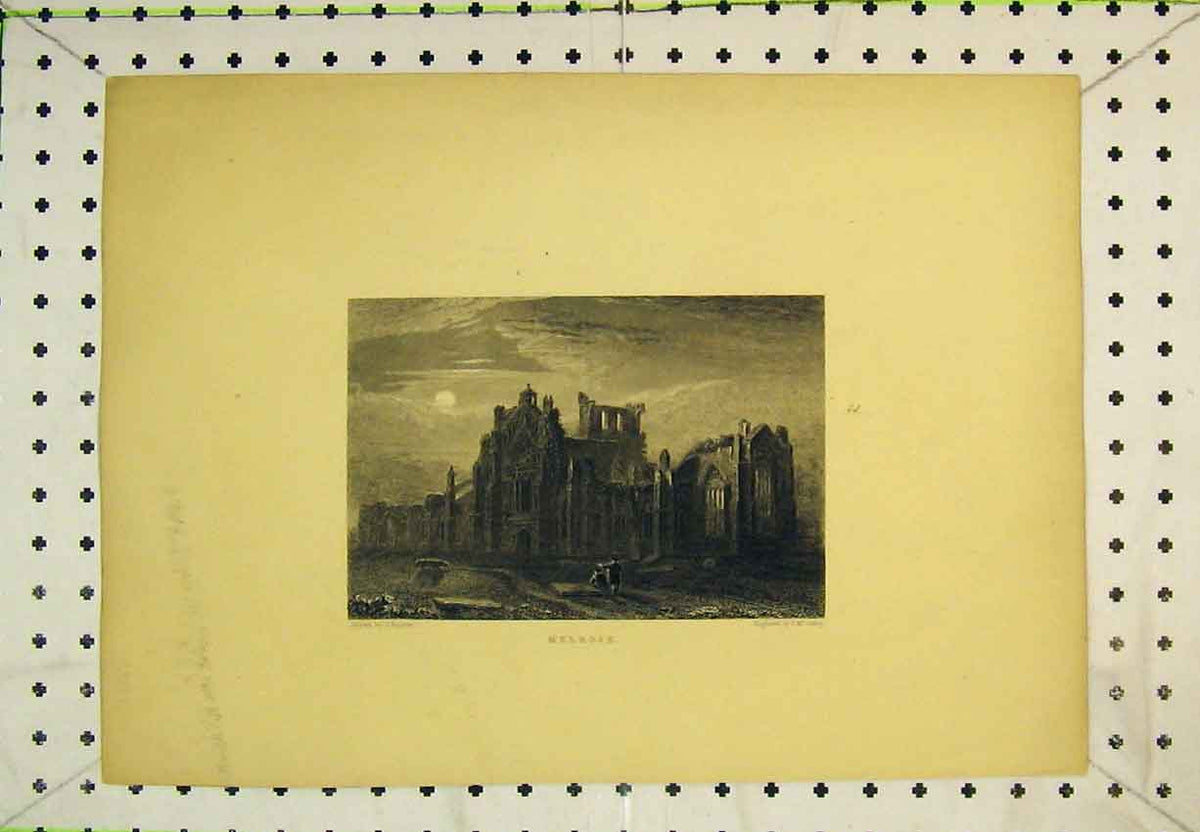 Original Old Antique Print View Ruins Melrose Abbey Scotland Church