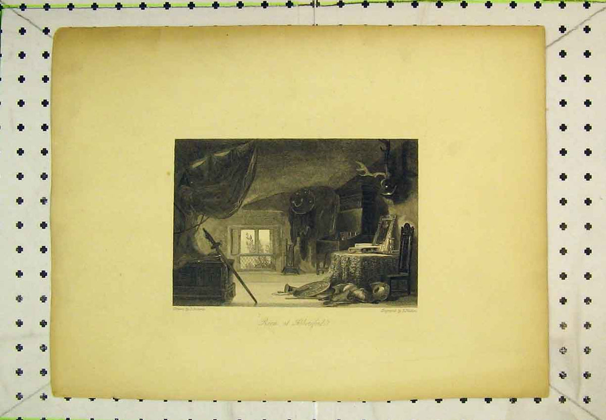 Original Old Antique Print View Room Abbotsford Sword Shield Stag