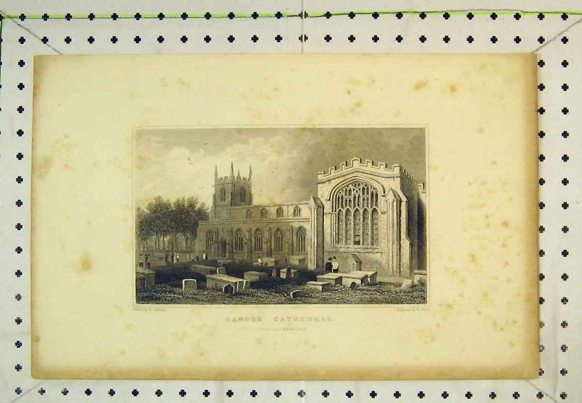 Old Antique Print Exterior View Bangor Cathedral Caernarvonshire Church