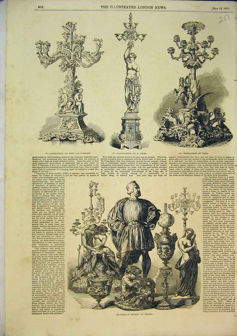 Original Old Antique Print 1851 Trophy Candelabrum Centre Piece Group Bronzes