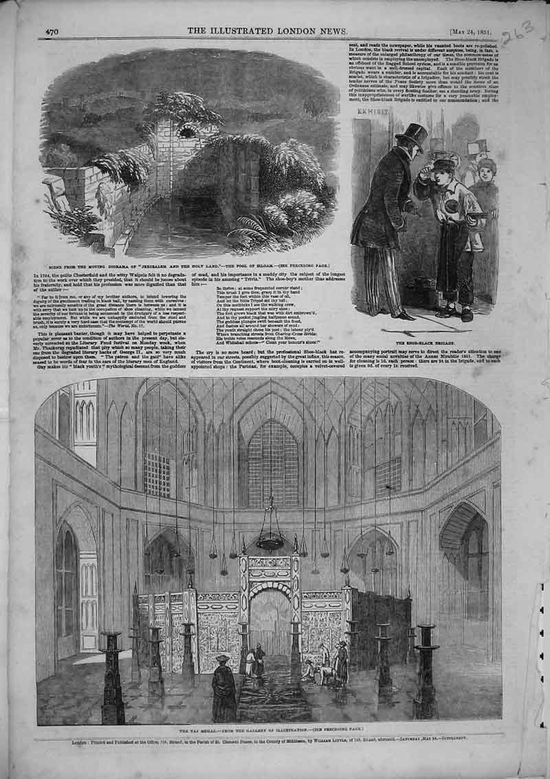 Old Antique Print 1851 Taj Mehal Moving Diorama Jerusalem Holy Land Pool 19th