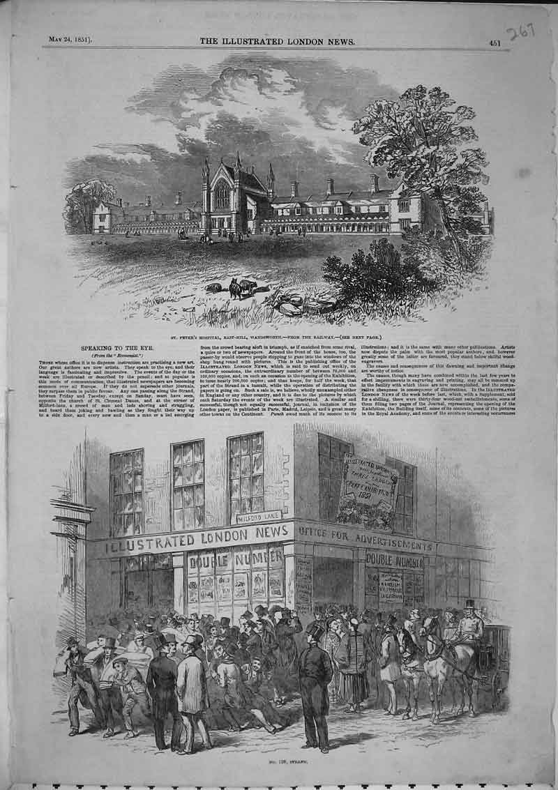 Old Antique Print View Street Strand St Peters Hospital Wandsworth 1851 19th