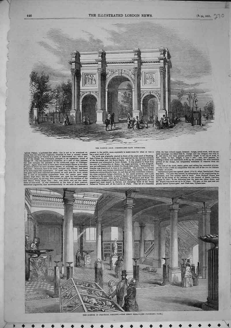 Original Old Antique Print 1851 Meseum Practical Geology Marble Arch Hyde Park
