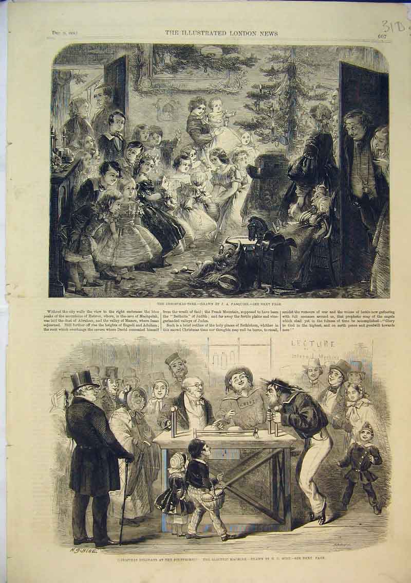 Original Old Antique Print 1858 Christmas Tree Electric Machine Polytechnic
