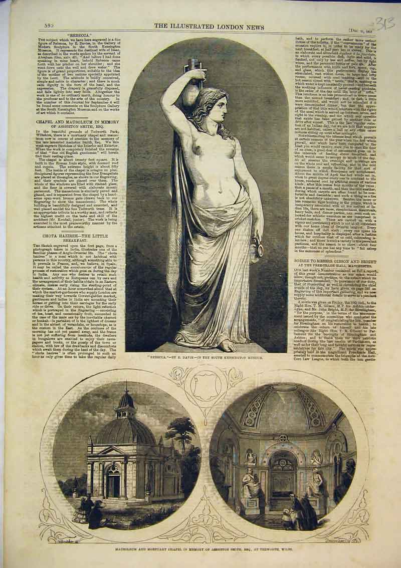 Original Old Antique Print 1858 Statue Rebecca South Kensington Museum Mortuary