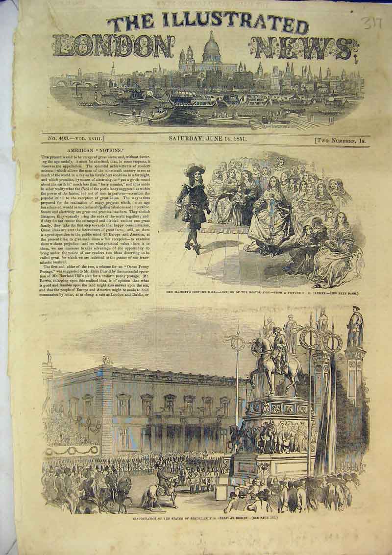 Old Antique Print 1851 Statue Frederick Great Berlin Germany Costume Ball 19th