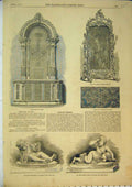 Original Old Antique Print Statue Boy Broken Drum 1851 Secretaire Glass Damask