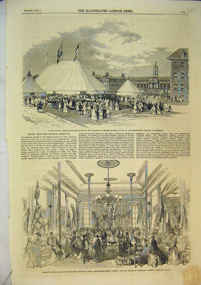 Old Antique Print 1851 Grand Military Musical Festival Fancy Fair Chelsea 19th