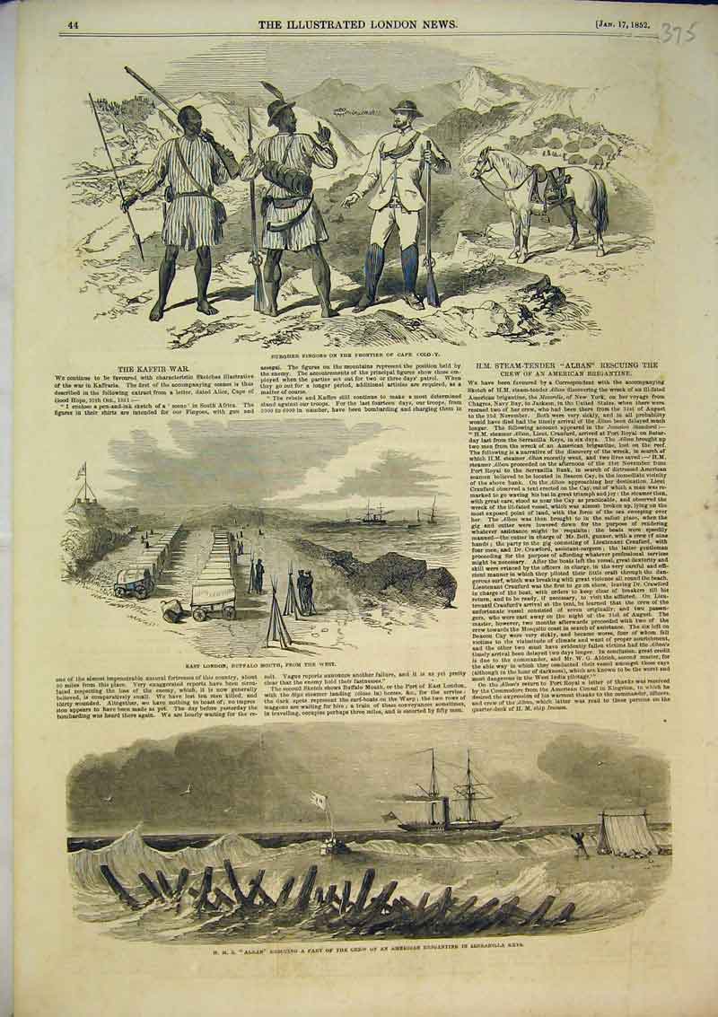 Original Old Antique Print 1852 Alban Ship Buffalo Mouth Burgher Fingoes Colony