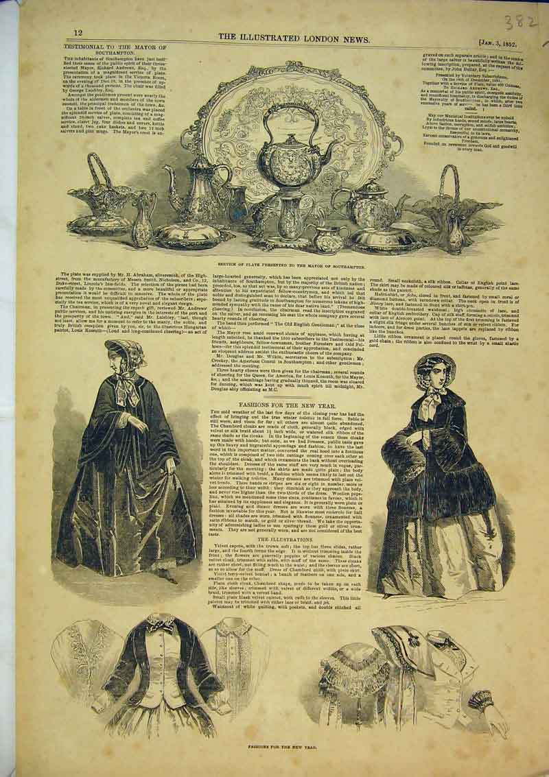 Old Antique Print 1852 Womens Fashion New Year Silver Plate Southampton 19th