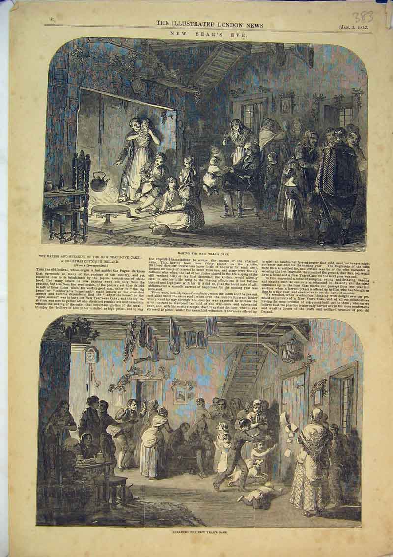 Old Antique Print 1852 New Years Eve Celebrations Cake Party Family Scene 19th