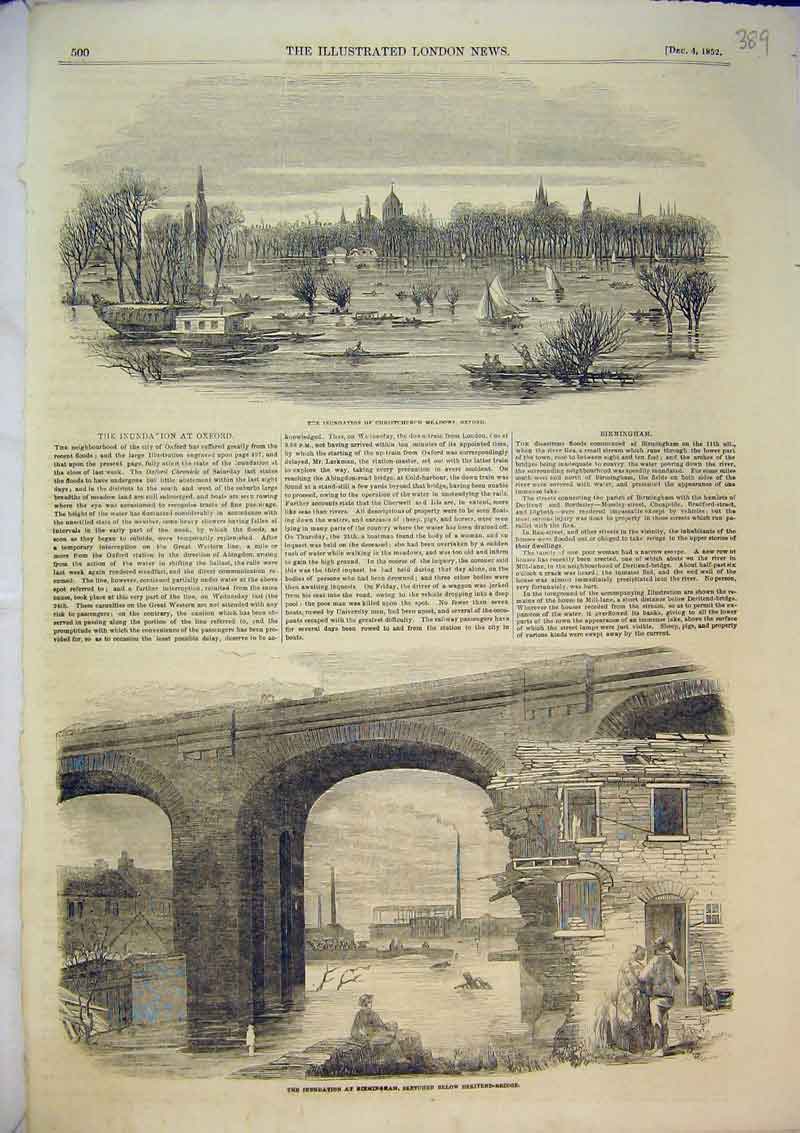 Old Antique Print 1852 Inundation Birmingham Bridge River Oxford Yachts 19th