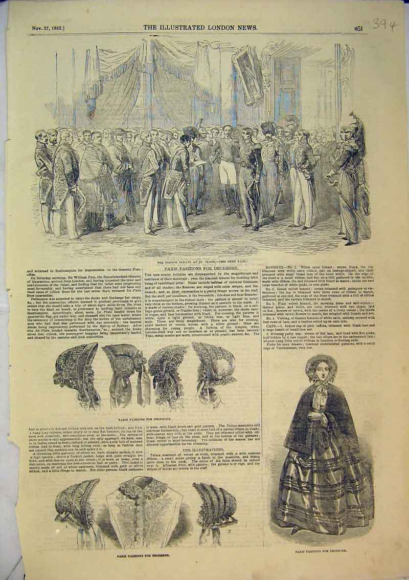 Original Old Antique Print 1852 Paris Fashion Hats Women French Senate St Cloud