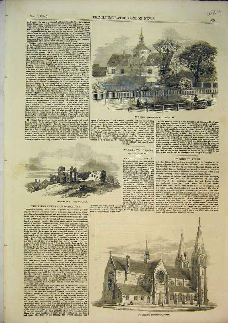 Original Old Antique Print 1854 Ninians Cathedral Perth Castle Union Workhouse