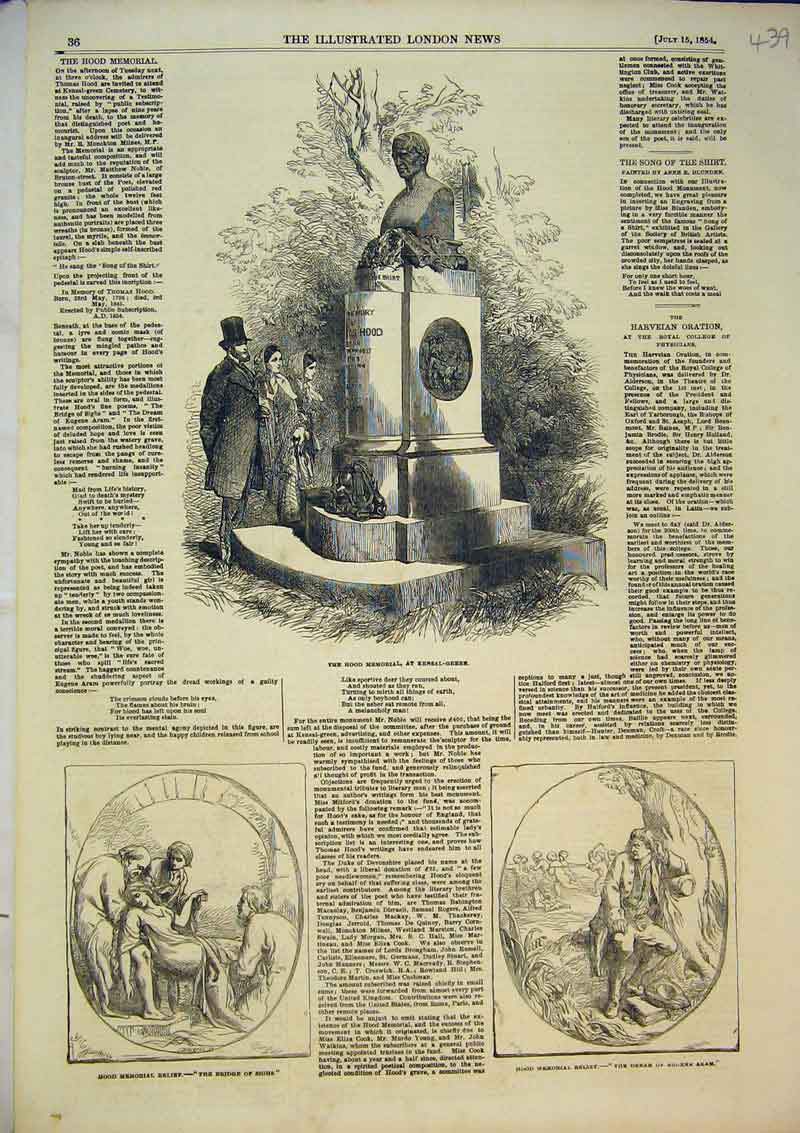 Original Old Antique Print 1854 Hood Memorial Kensal Green Statue Bridge Sighs