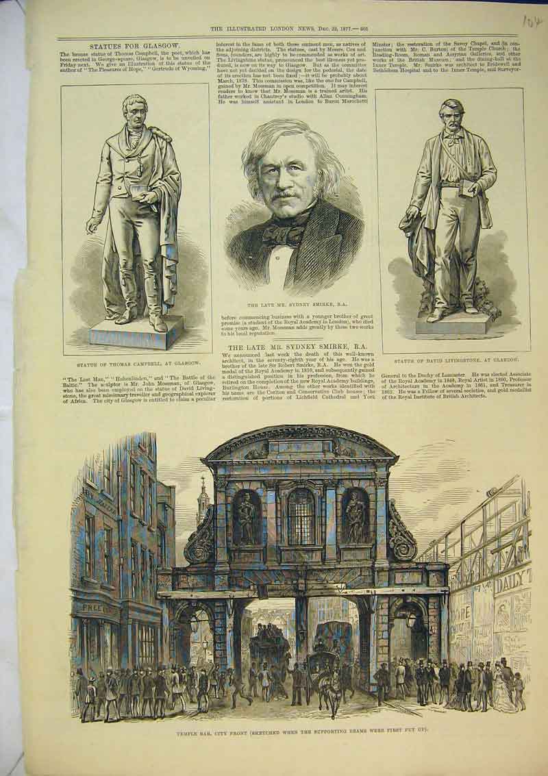 Old Antique Print 1877 Temple Bar City Front Statue Campbell Livingstone 19th
