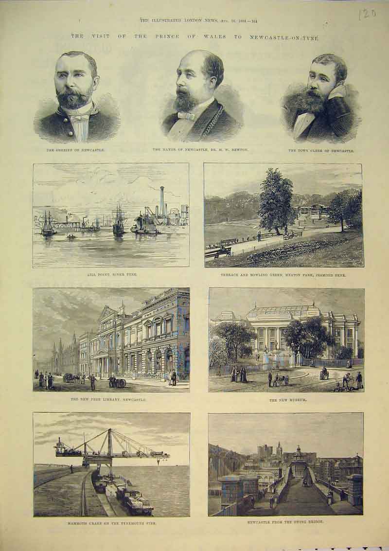 Original Old Antique Print 1884 Newcastle Bill Point Bowling Green Bridge Crane