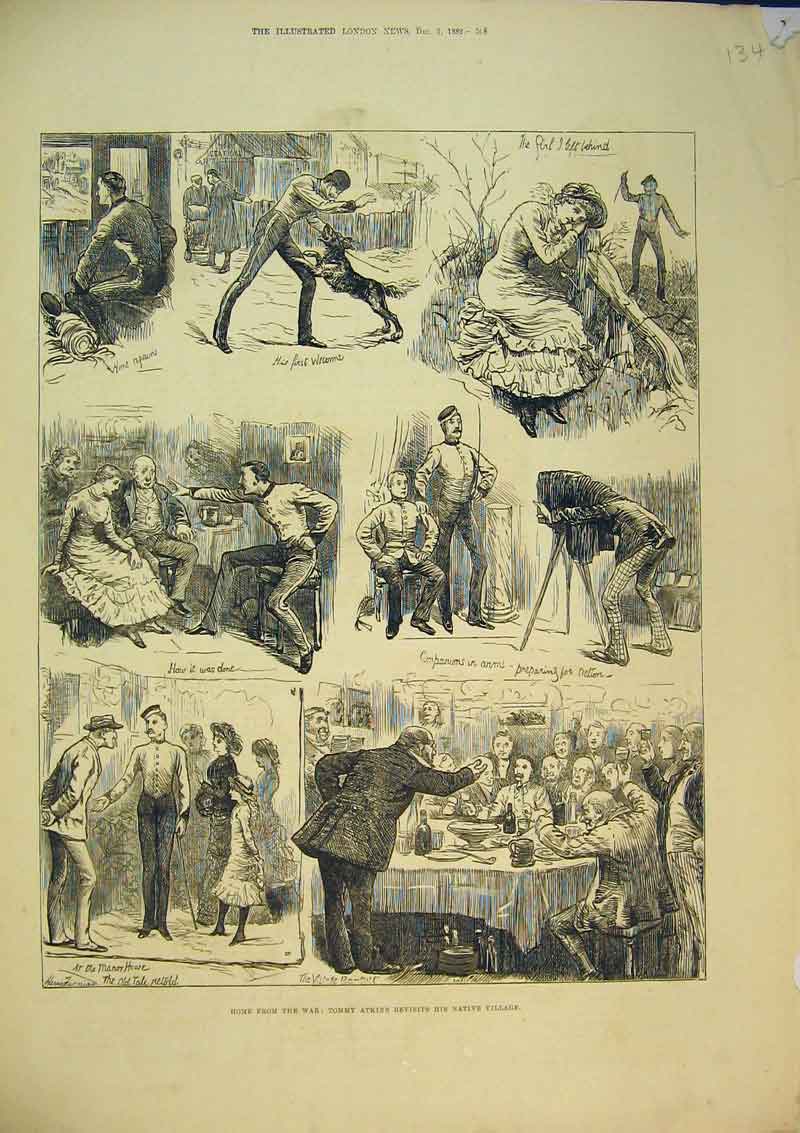 Original Old Antique Print 1882 Home War Tommy Atkins Banquet Dog Romance Photo