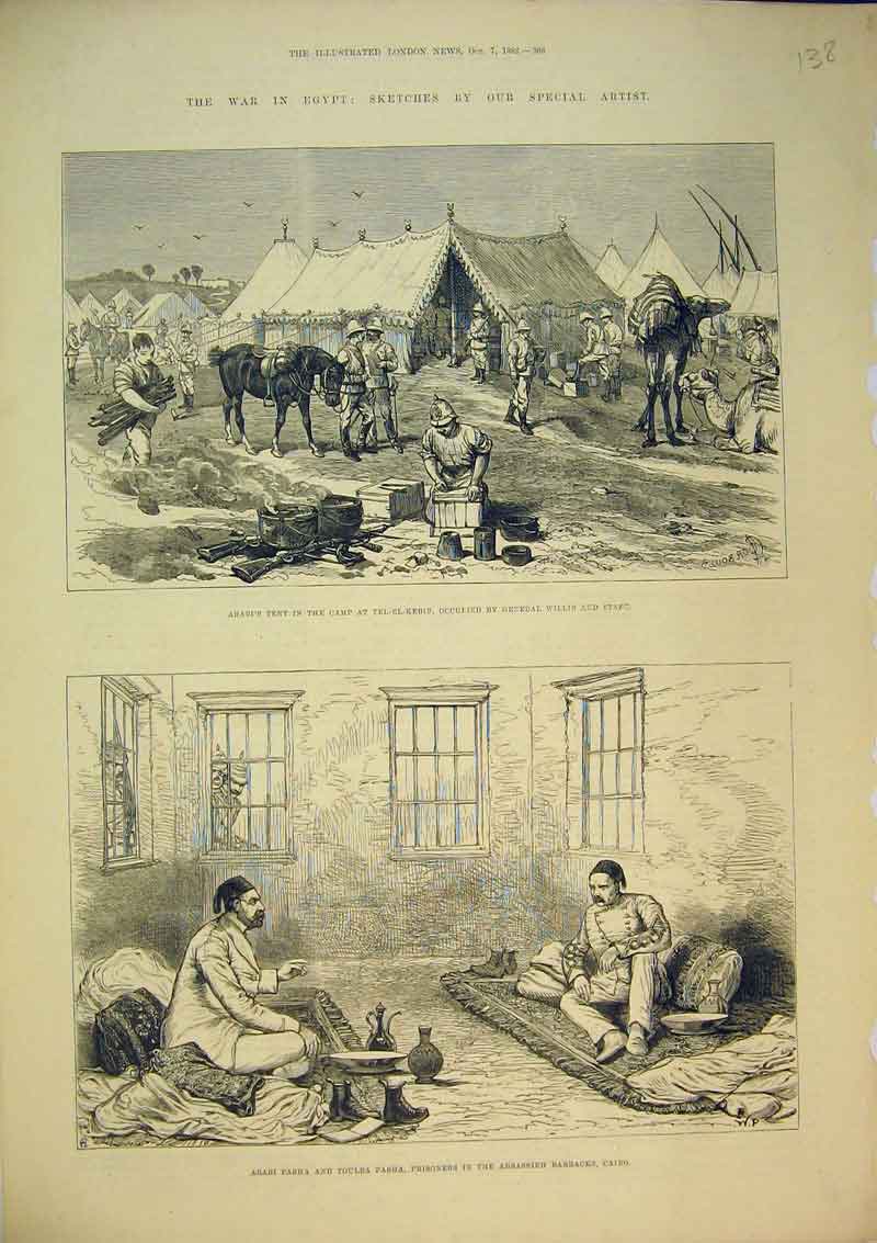Original Old Antique Print War Egypt 1882 Pasha Prisoner Cairo Tent Camp Willis