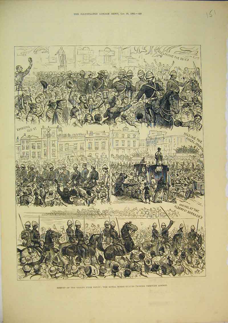 Original Old Antique Print 1882 Troops Egypt Royal Horse Guards London Siers