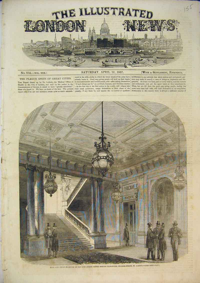 Old Antique Print 1857 Hall Staircase Junior United Club House St James 19th