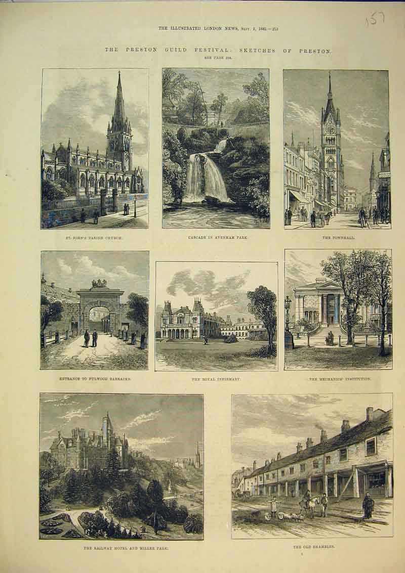 Original Old Antique Print 1882 Preston Railway Hotel Hospital Church Barracks