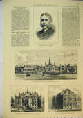 Old Antique Print 1880 Rous Memorial Newmarket Cardiff Library Hospital 19th