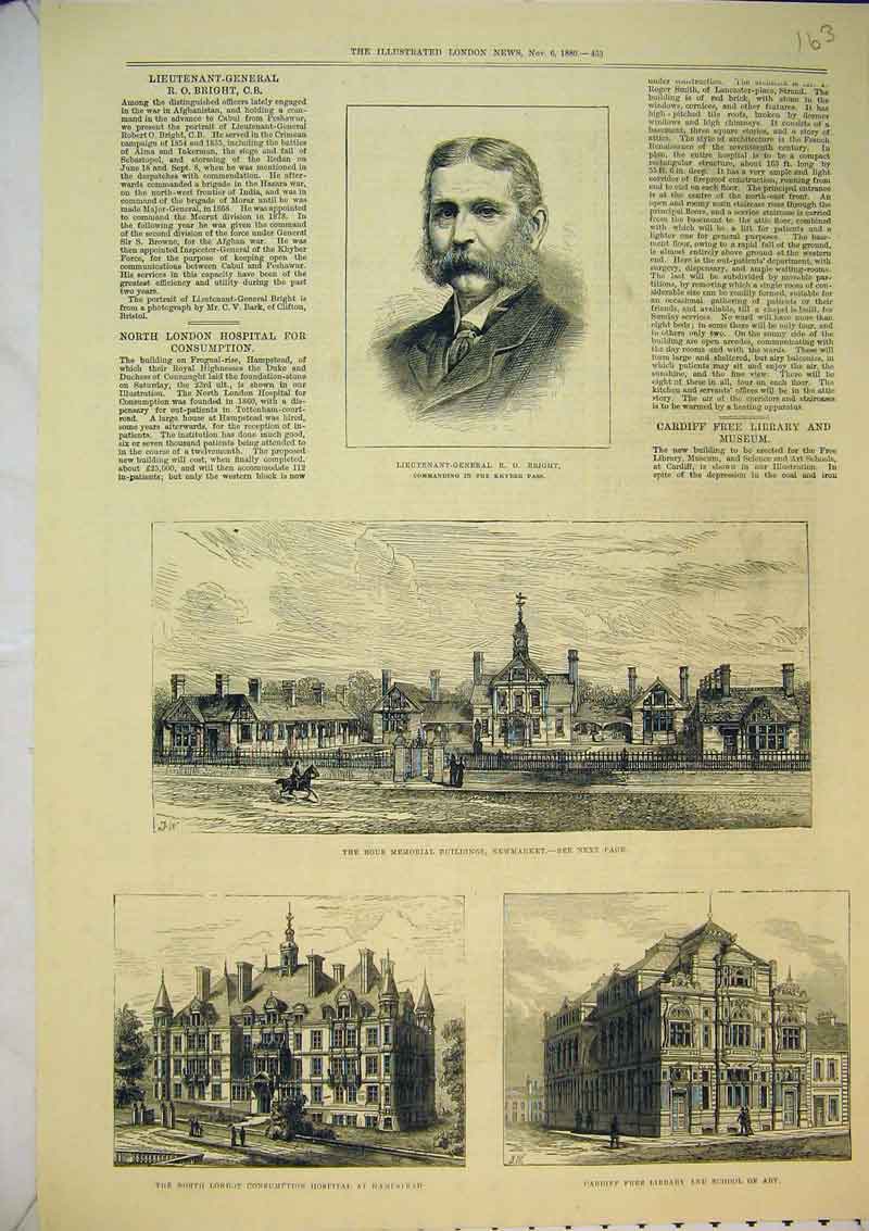 Old Antique Print 1880 Rous Memorial Newmarket Cardiff Library Hospital 19th