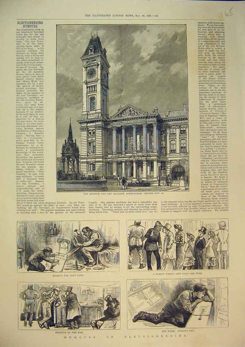 Old Antique Print 1885 Museum Gallery Birmingham Election Politics Family 19th