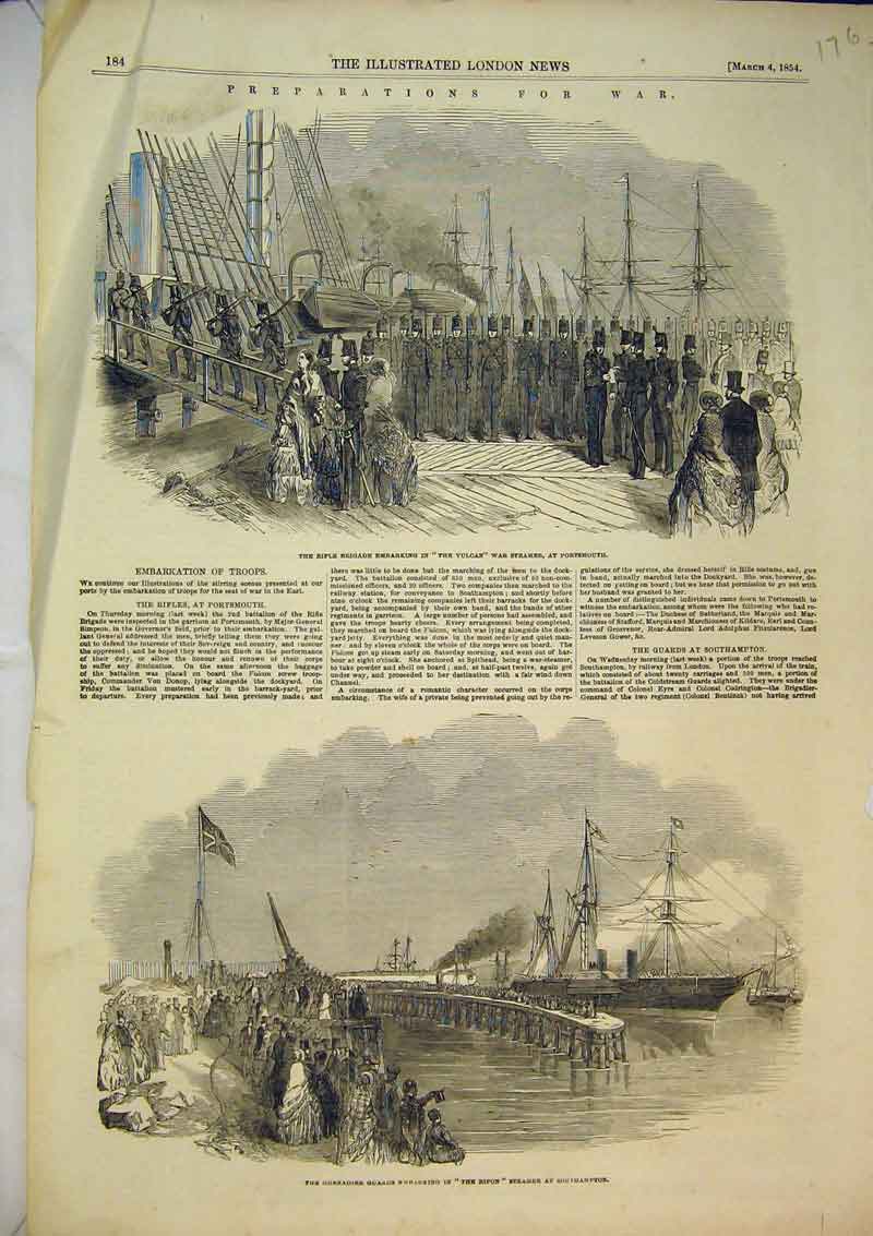 Old Antique Print 1854 Rifle Brigade Vulcan Ship Grenadier Guards Ripon 19th